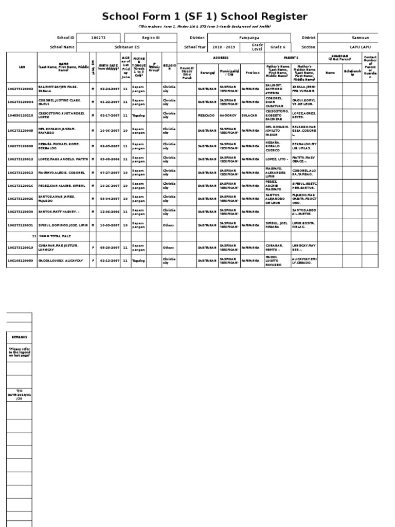 School Register SF 1 for Sebitanan ES | PDF