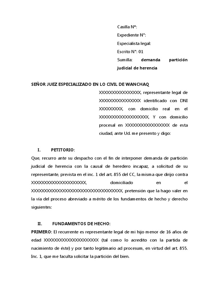 Demanda Particion Judicial de Herencia J | PDF | Herencia | Demanda judicial