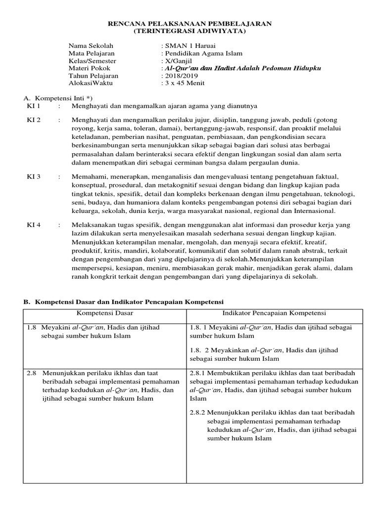 2 Rpp Pai Kelas X Terintegrasi Adiwiyata 2019