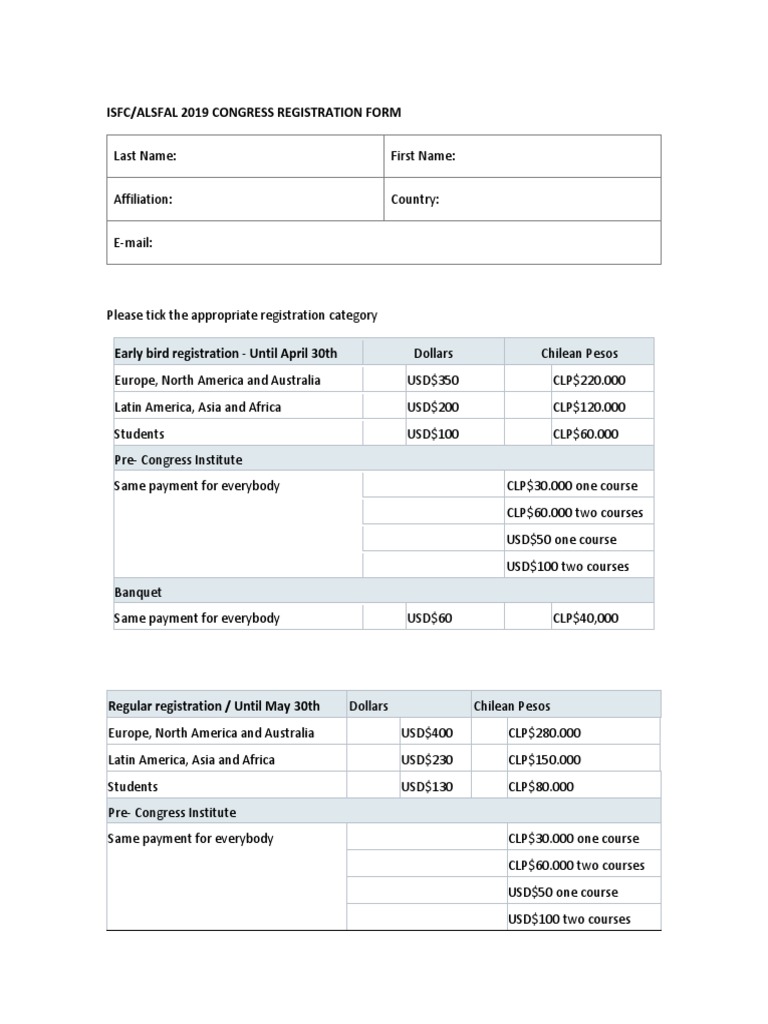 ISFC/ALSFAL 2019 Registration Form | PDF | Currencies Of The Americas ...