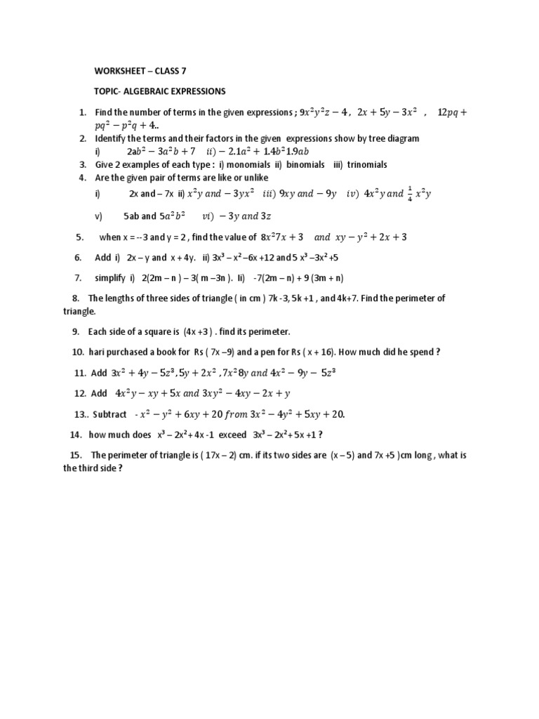 Topic-Algebraic Expressions | PDF