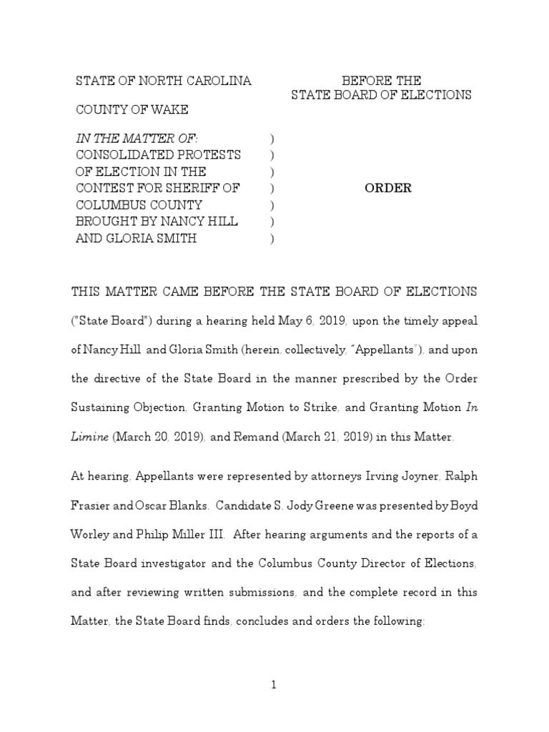 NCSBE Columbus County Order | PDF | Burden Of Proof (Law) | Domicile (Law)