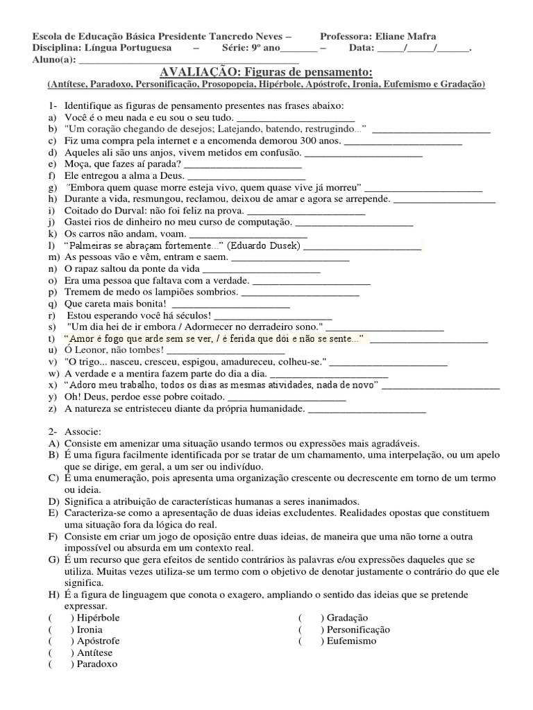Exercícios sobre Figuras de Pensamento | PDF