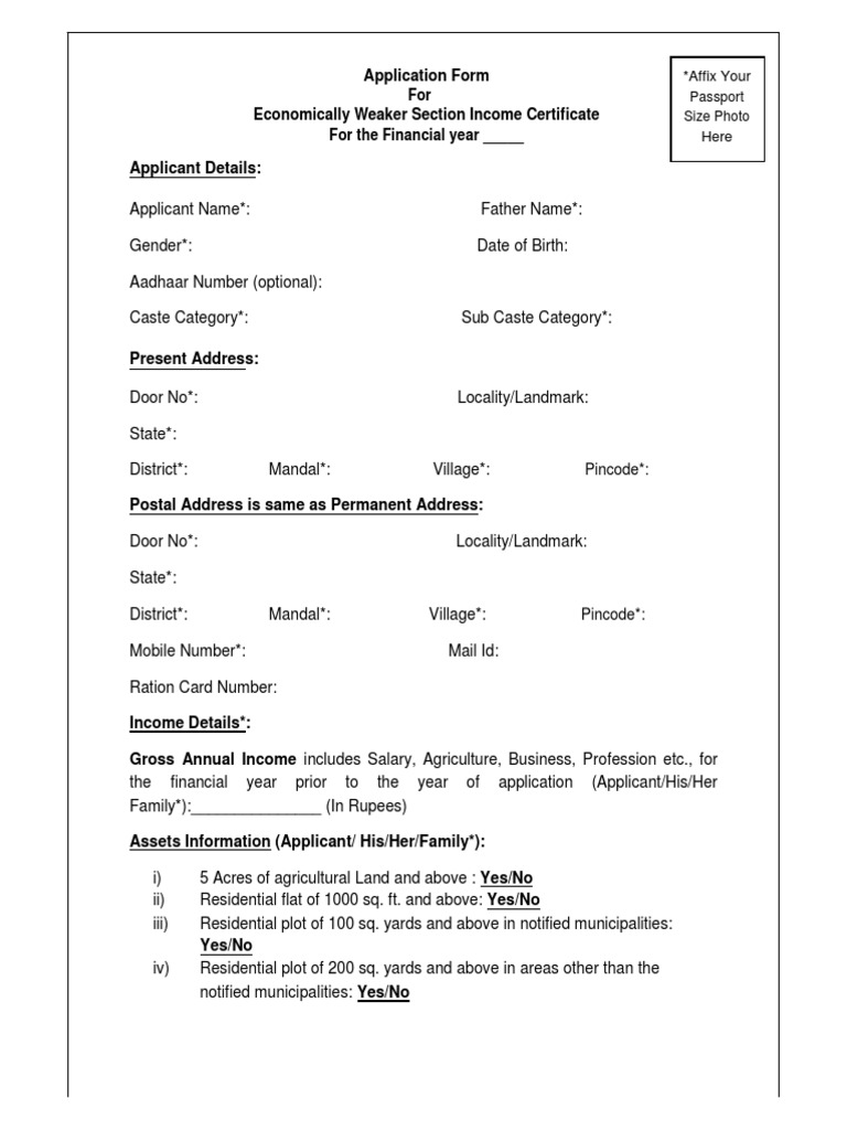 Issuance Of Income Asset Certificate For Economically Weaker Sections
