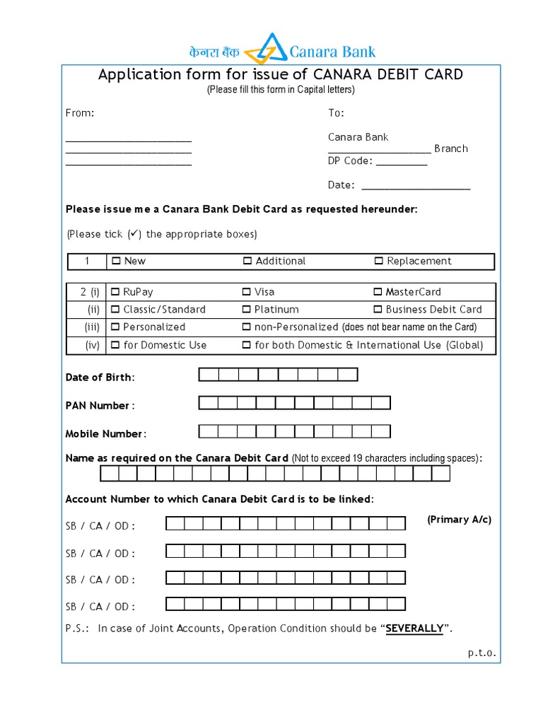 Application Form For Issue of Canara Debit Card 27072017 PDF Debit