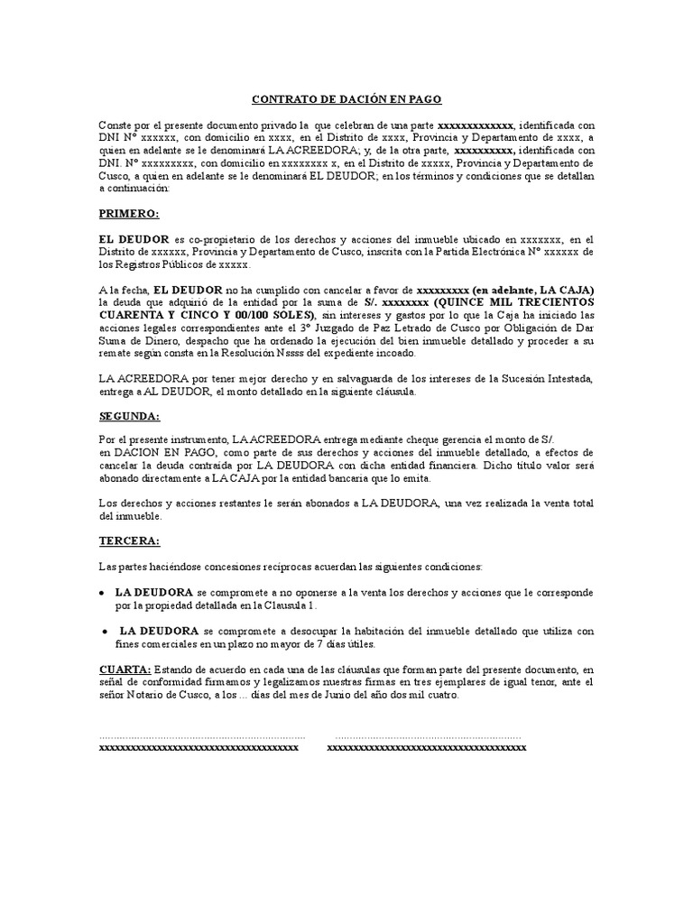 Modelo De Contrato De Dacion En Pago Pagos Gobierno