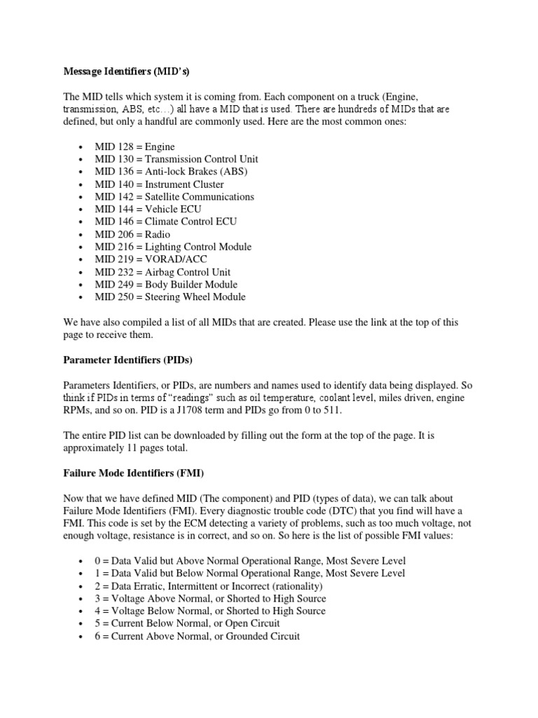 Sid, Mid, Pid, Fmi PDF Anti Lock Braking System Fuel Injection
