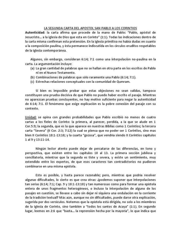 La Seunda Carta Del Apostol San Pablo A Los Corintios PDF Primera