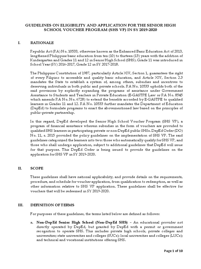 DO Guidelines On The Application For The SHS VP SY 2019 2020 As of ...