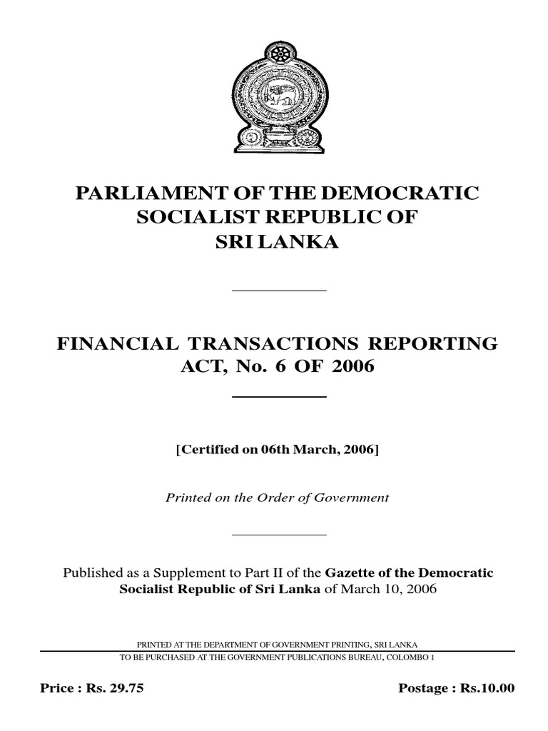 06 2006 Financial Transactions Reporting Act Eng Sri Lanka Money Laundering Terrorism Financing