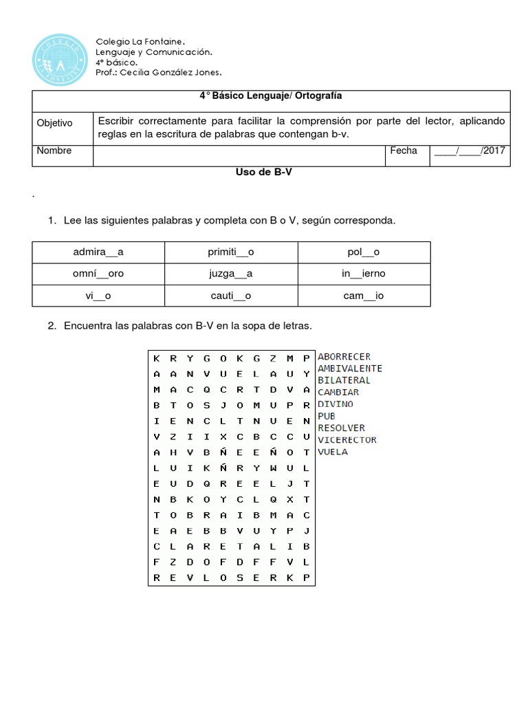 Ejercicios de B y V para 4º Básico | PDF | Artes del Lenguaje y ...