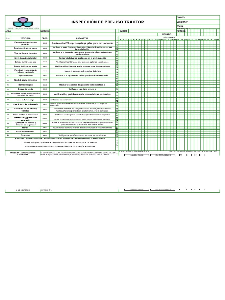 Inspeccion Pre-Uso Tractor N°1 | PDF | Naturaleza