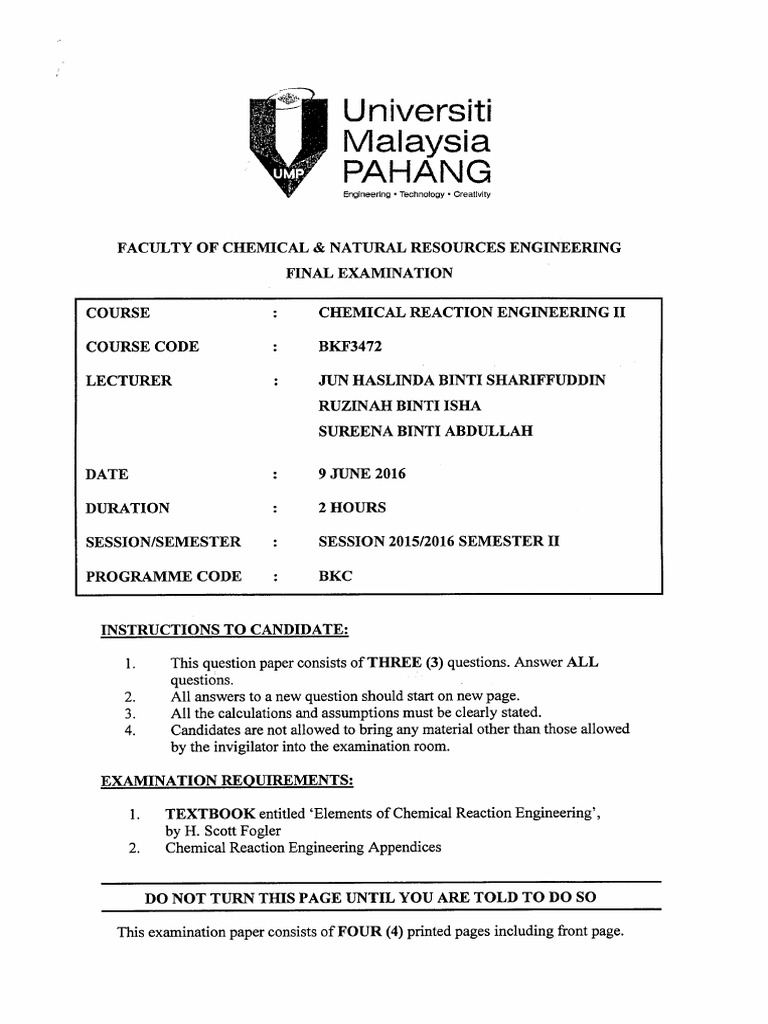 Chemical Reaction Engineering Exam BKF3472 | PDF | Chemical Reactor ...