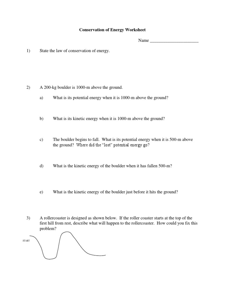 Conservation Of Energy Worksheet