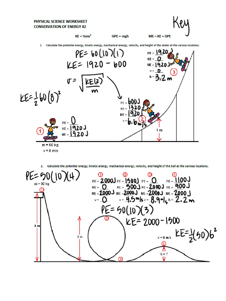 Conservation of Energy Calcs Key With Conservation Of Energy Worksheet Answers