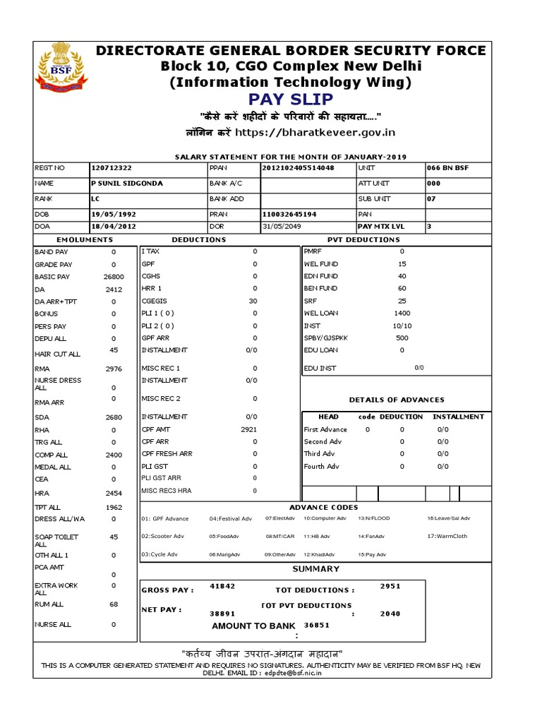 Pay Slip Directorate General Border Security Force Block 10, CGO