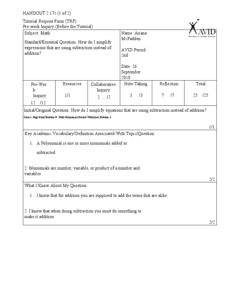 AVID Math Tutorial Request Form | PDF | Education Theory | Educational ...
