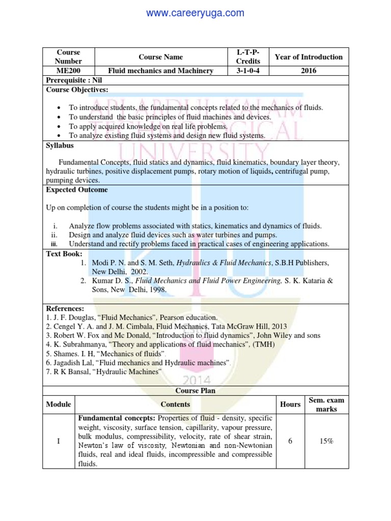 Fluid Mechanics and Machinery Syllabus | PDF | Fluid Dynamics | Pressure