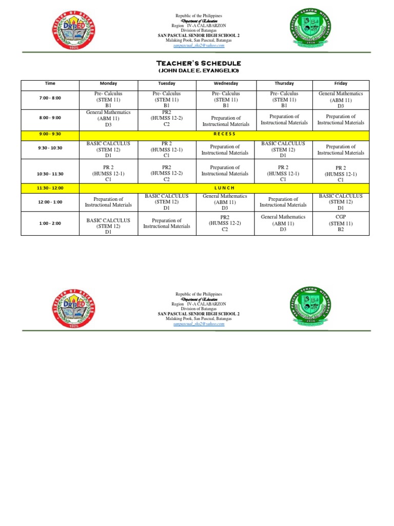 Sir DALE - Schedule - 1st Sem - 2019-2020 | PDF | Teaching Mathematics ...