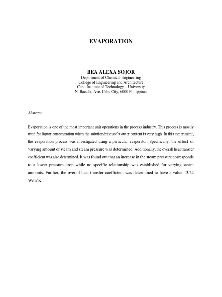 Evaporation (Lab Report) PDF Evaporation Steam