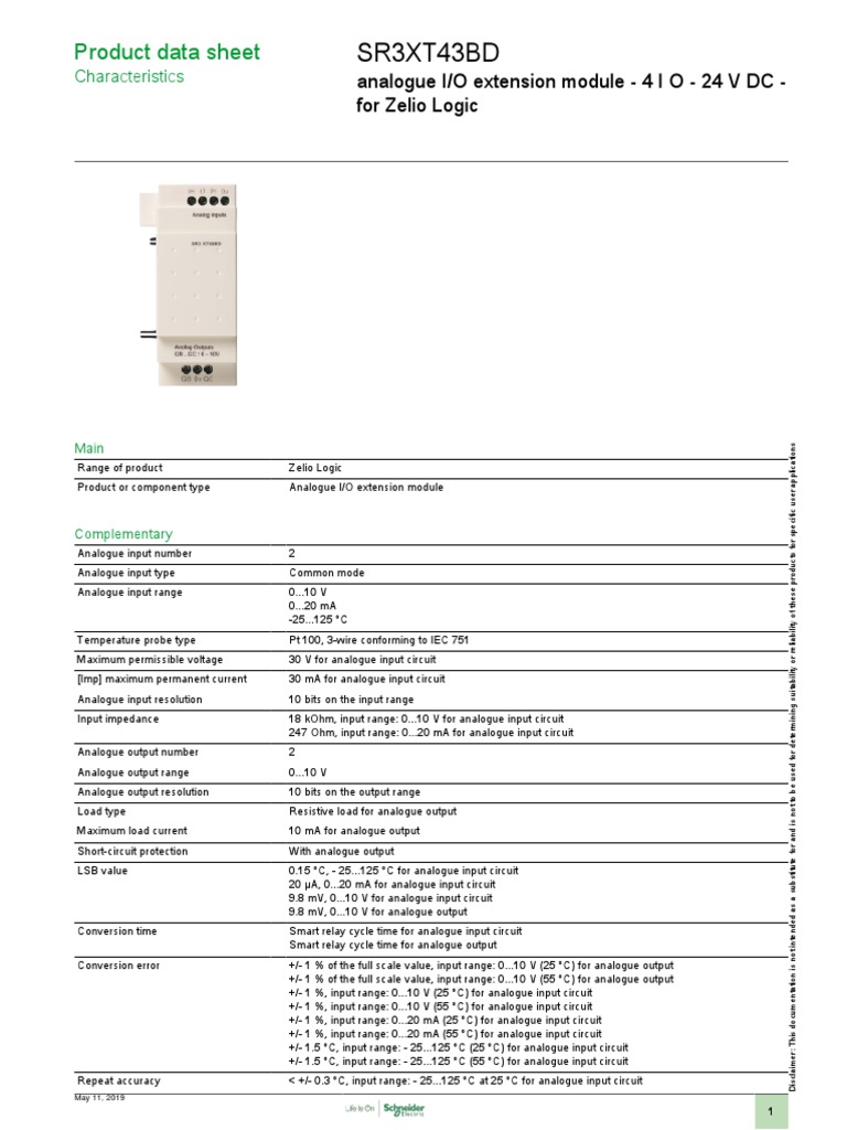 Zelio Logic SR3 Analog I/O Module Data | PDF | Relay | Electrical Network
