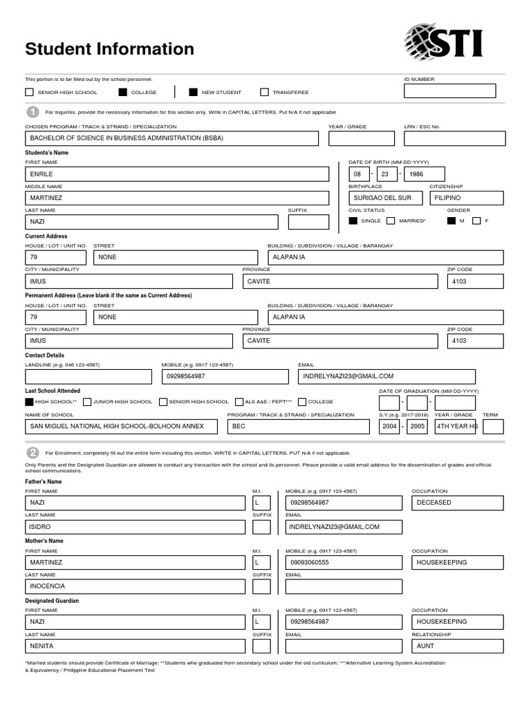Student Enrollment Information Form | PDF | University And College ...