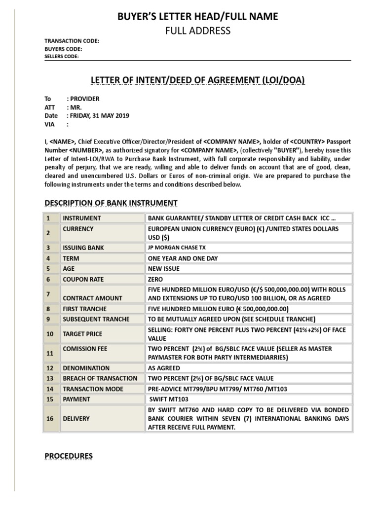 Letter of Intent for Bank Instrument Purchase | PDF | Wire Transfer ...