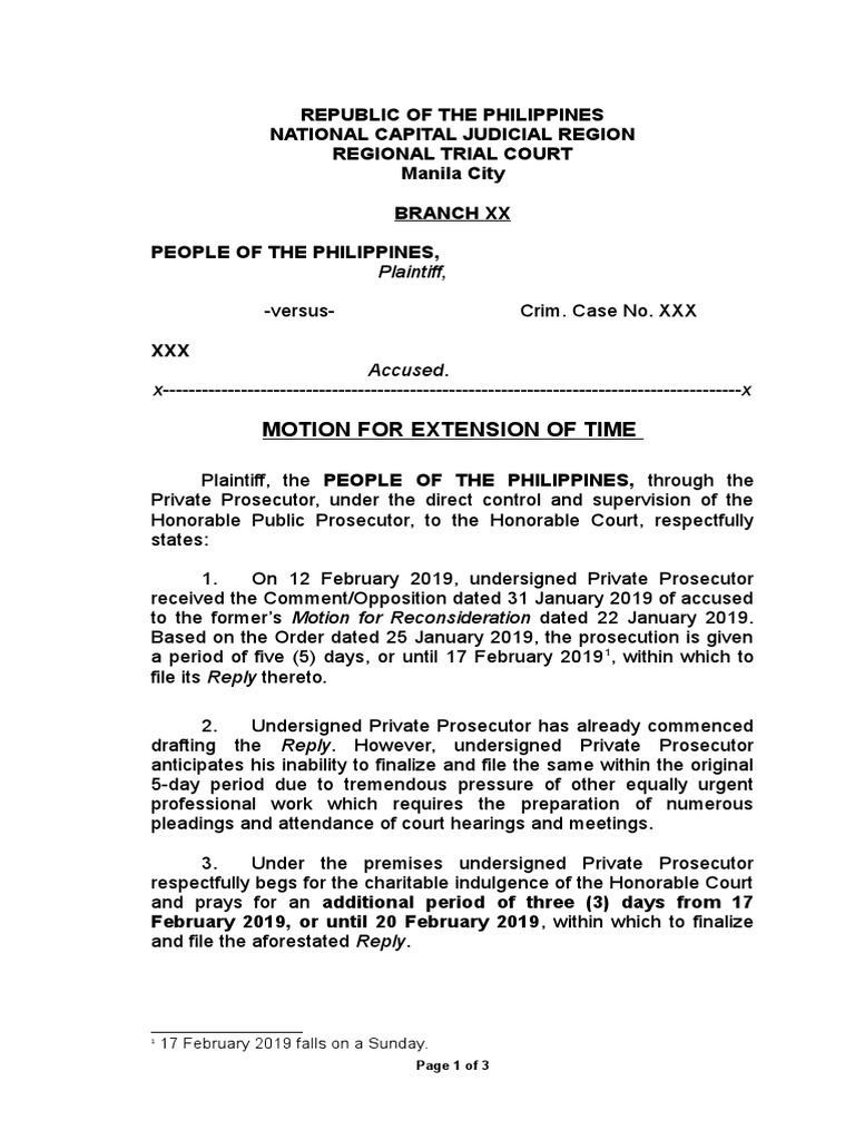 Request for Extension of Time to File Reply to Opposition to Motion for