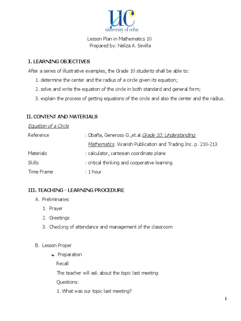 Grade 10 Circle Equation Lesson Plan | PDF | Circle | Equations