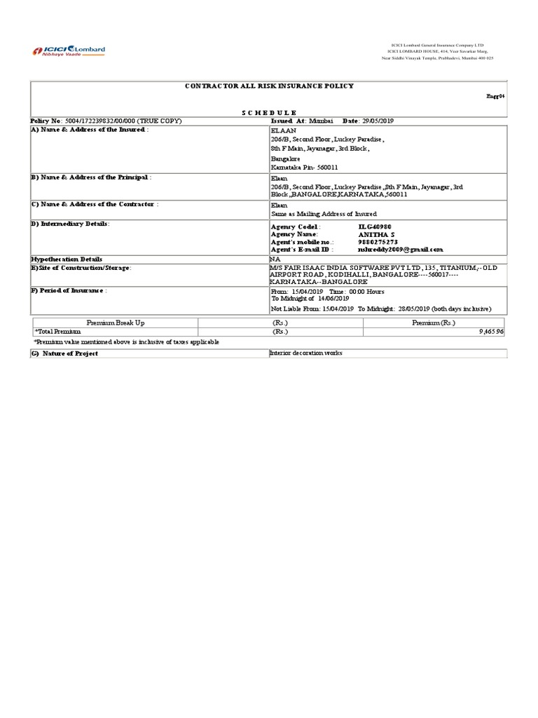 Contractor All Risk Insurance Policy | PDF | Liability Insurance ...