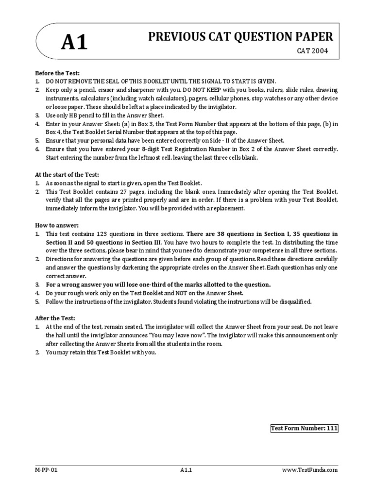 CAT 2004 Exam Instructions & Questions | PDF