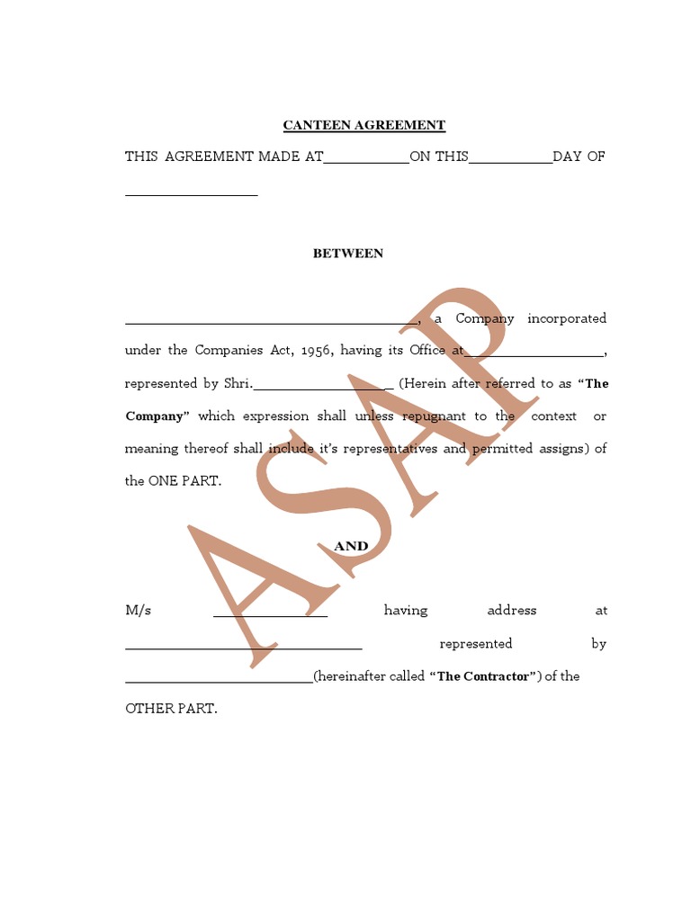 Canteen Agreement PDF Employment Indemnity
