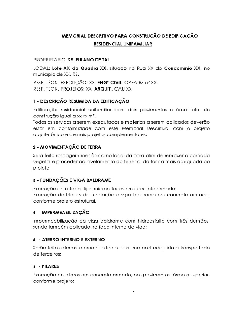 Memorial Descritivo Residencial Unifamiliar | PDF | Argamassa ...