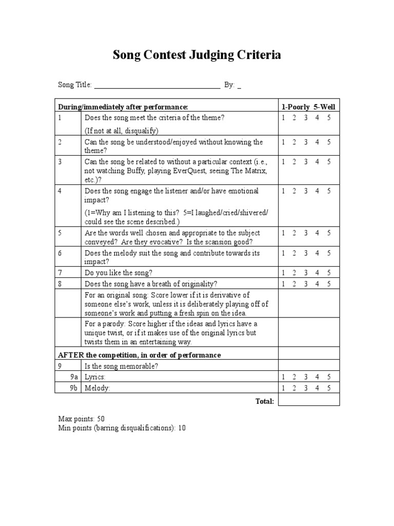 Song Contest Judging Criteria During/immediately After Performance 1