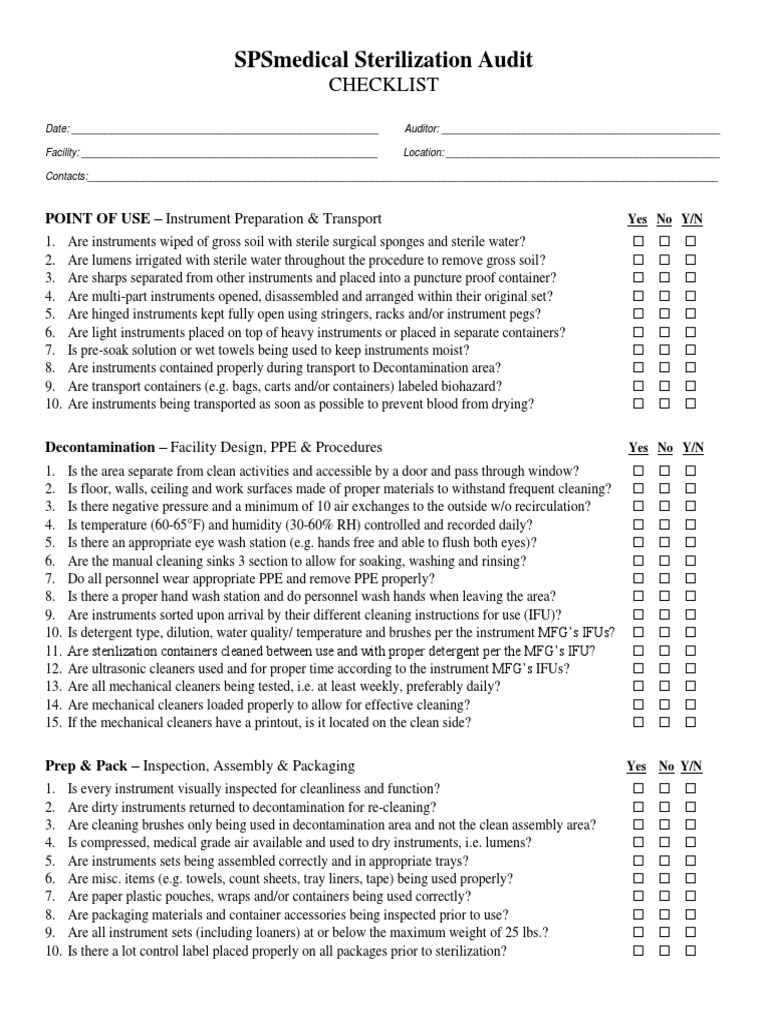 SPSmedical Sterilization Audit Checklist | PDF | Sterilization ...