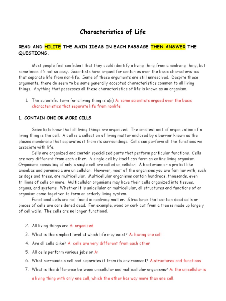 Kamila Zaragosa Diaz Characteristics Of Life Worksheet 2018 Reproduction Organisms