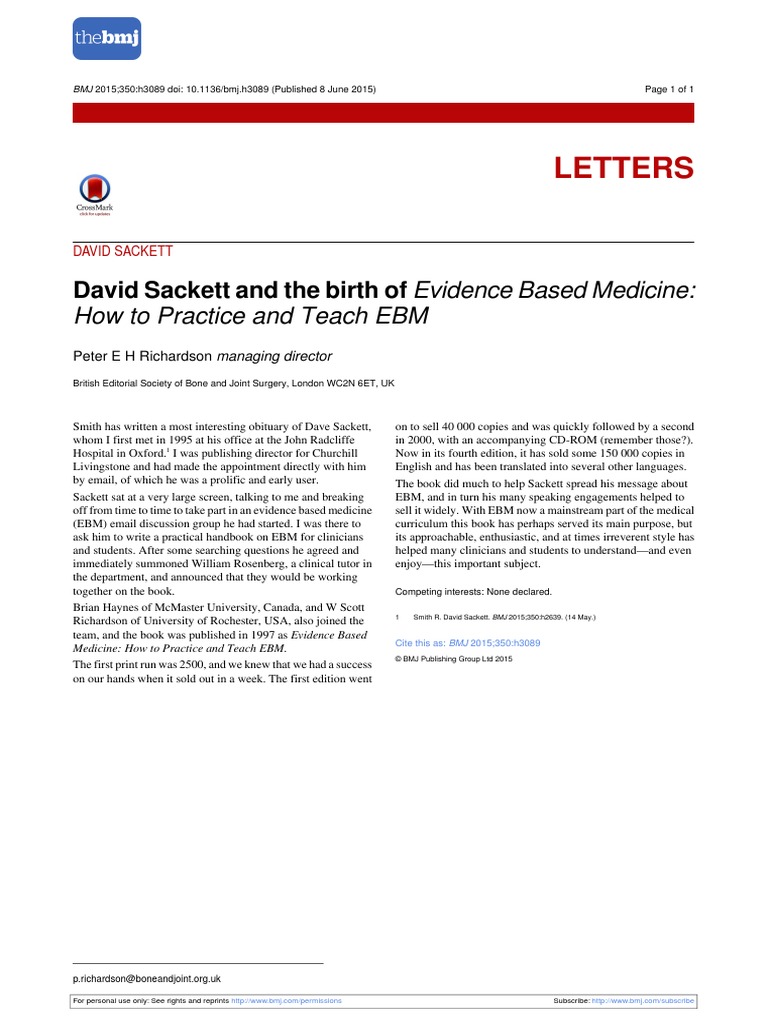 David Sackett and The Birth of Evidence Based Medicine How To Practice ...