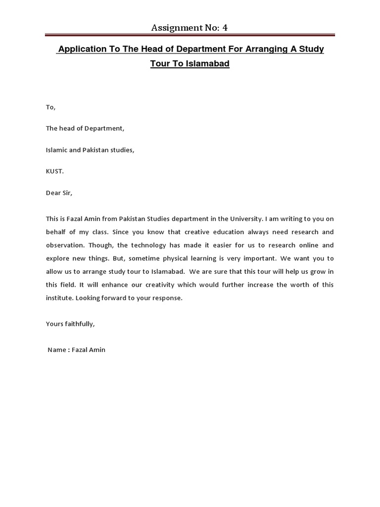 Application To The Head of Department For Arranging A Study Tour To ...