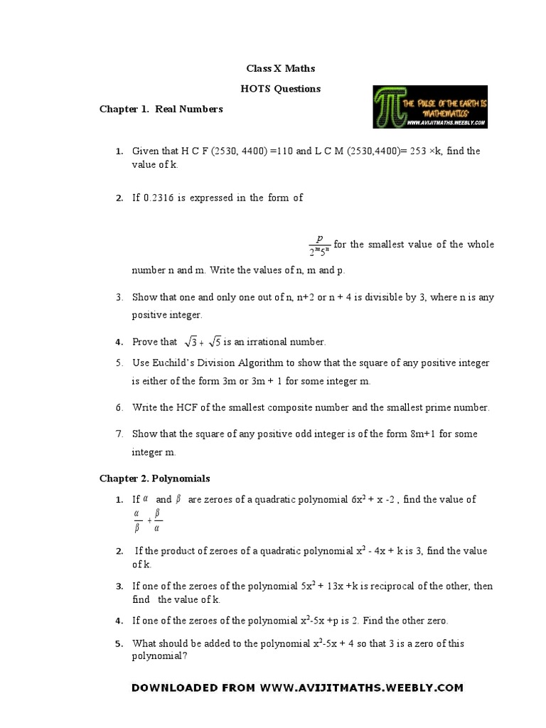 Class X Maths HOTS Questions Chapter 1. Real Numbers | PDF | Area ...