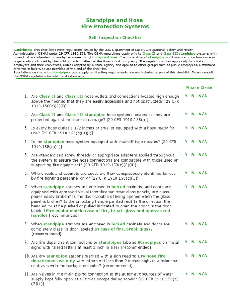 Standpipe Hose System Inspection Checklist | PDF | Occupational Safety ...
