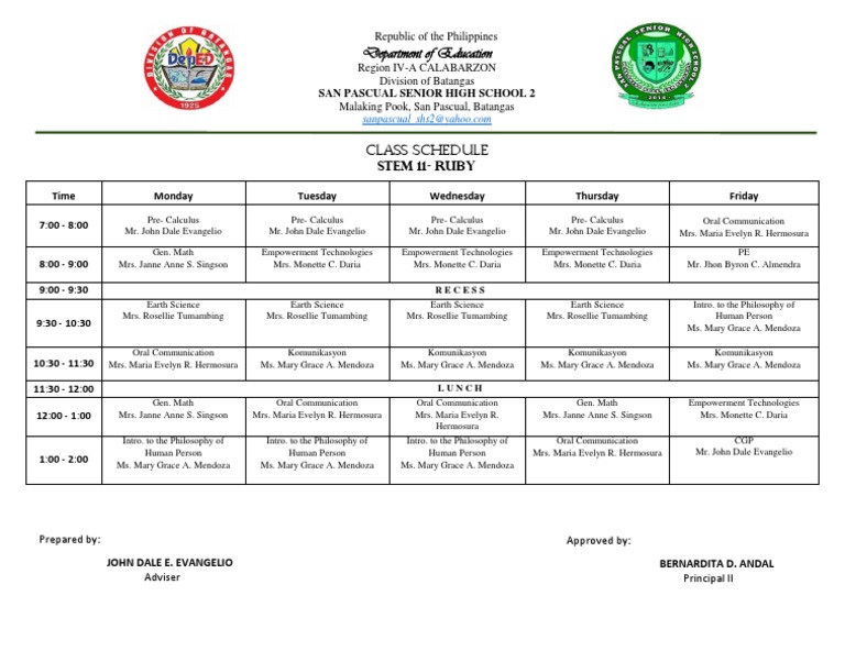 STEM Class Schedule for San Pascual SHS | PDF