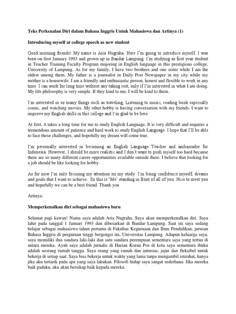 Teks Perkenalan Diri Dalam Bahasa Inggris Untuk Mahasiswa Dan Artinya