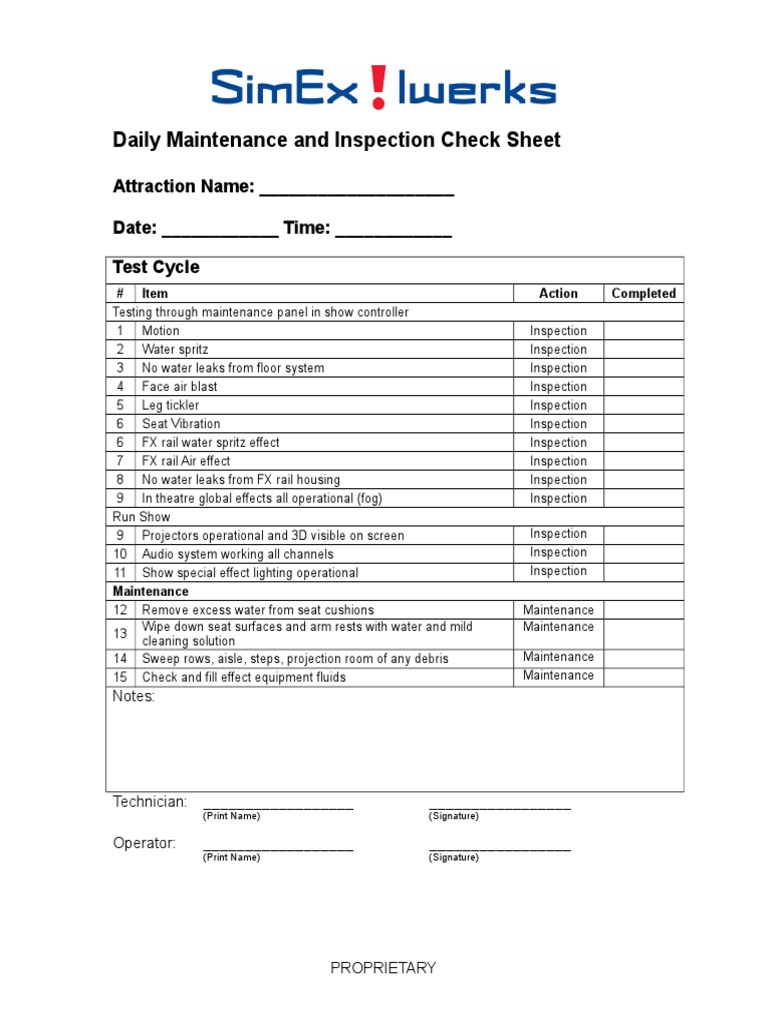 Daily Attraction Maintenance Checklist | PDF | Technology & Engineering