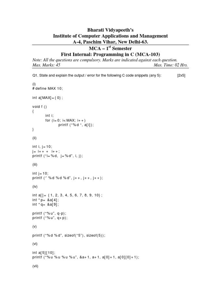 MCA C Programming Internal Exam Questions | PDF | Pointer (Computer ...