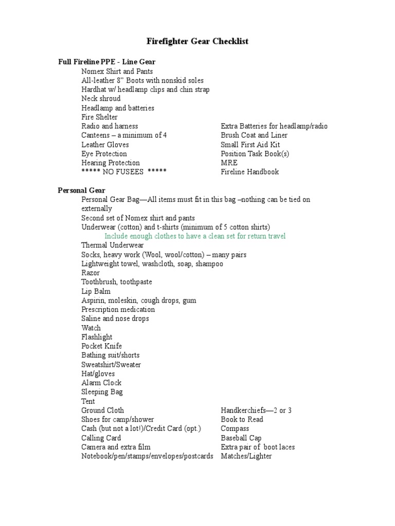 Firefighter Gear Checklist PDF