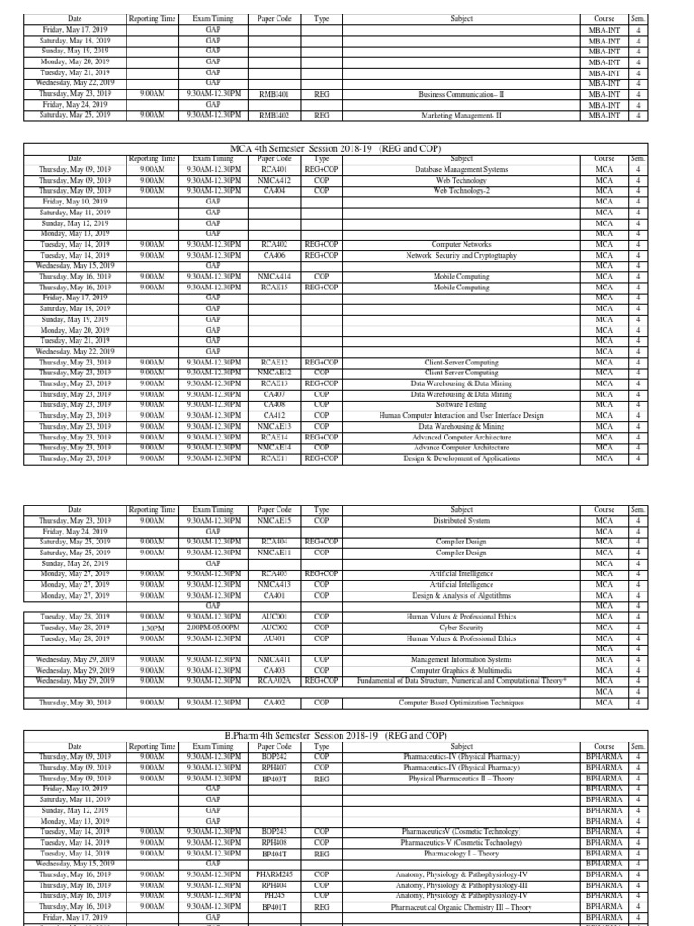 MBA, MCA, B.Pharm Exam Schedule 2019 | PDF | Client–Server Model ...