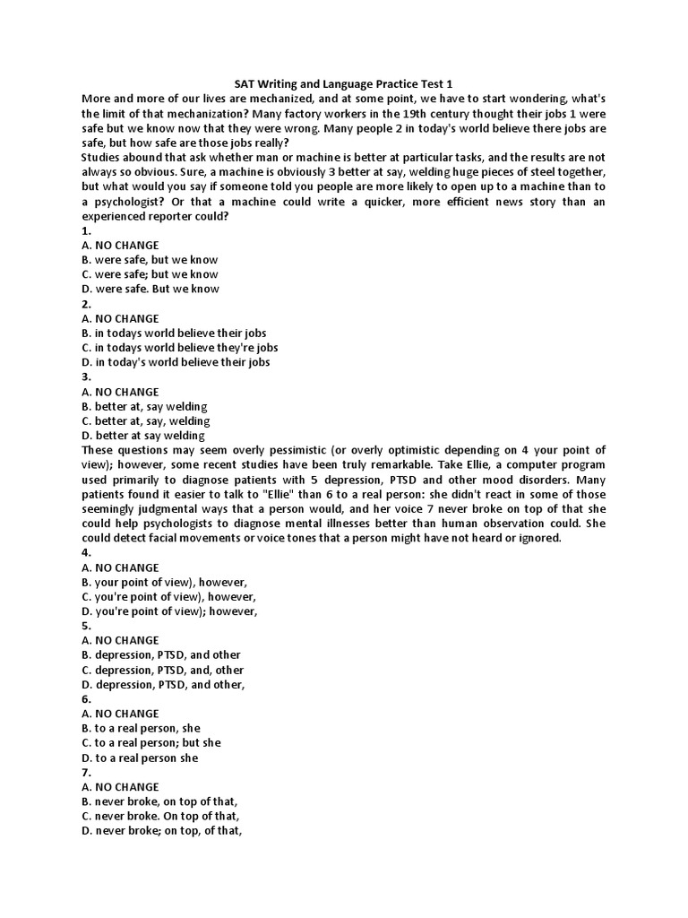 SAT Writing and Language Practice Test | PDF | Washing Machine | Major ...