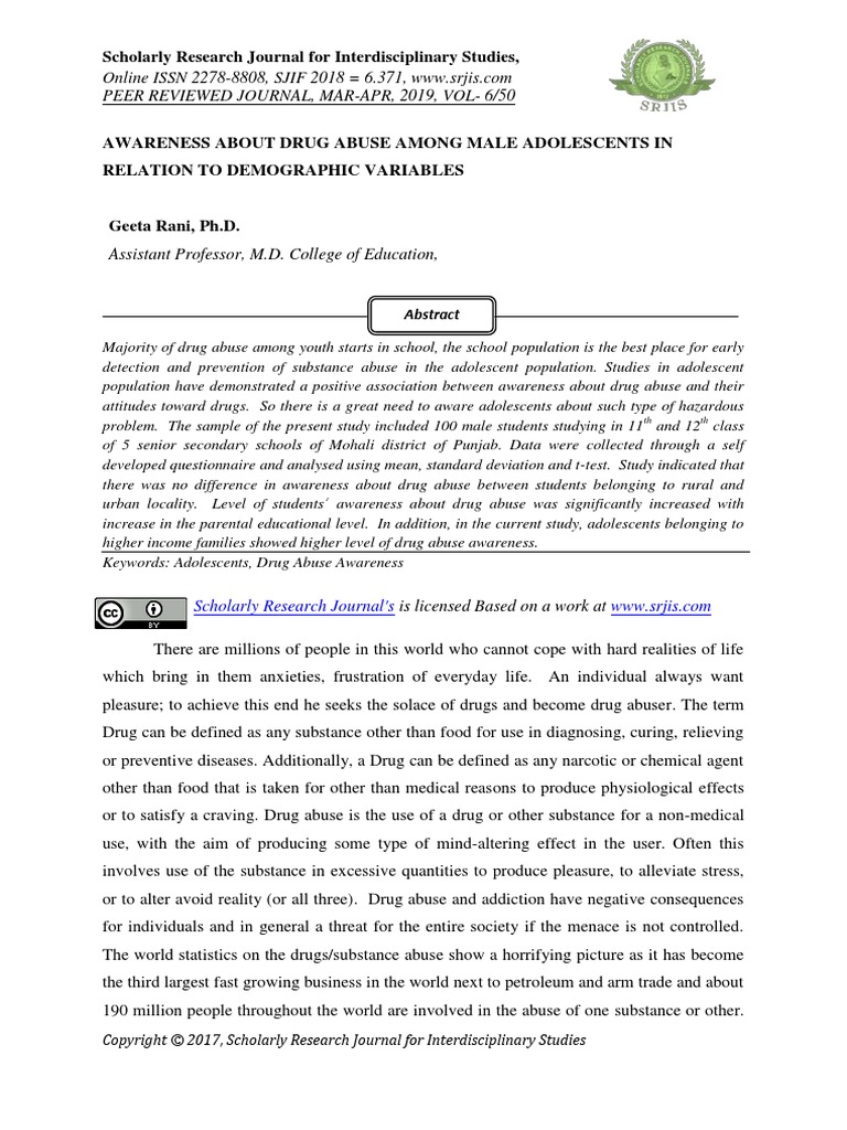 Awareness About Drug Abuse Among Male Adolescents in Relation To ...