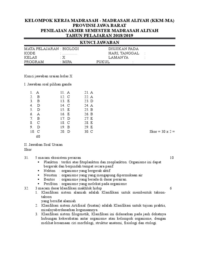 Soal Dan Jawaban Kehati Biologi Kls X Hots