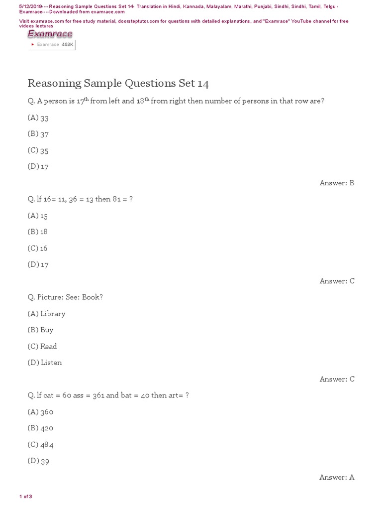 Reasoning Sample Questions Set 14 | PDF | Cultural Assimilation ...